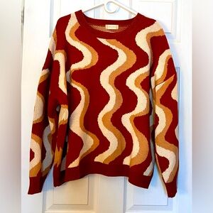 Altar'd State Wave Print Brown Red Tan Cream Crewneck Sweater Women’s Medium